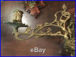 16 Pair Of Brass Art Nouveau Wall Sconce, Mahogany Wood, Candle Holder