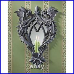 17.5 Dueling Dragons Gothic Themed Candle Holder Medieval Wall Mirror