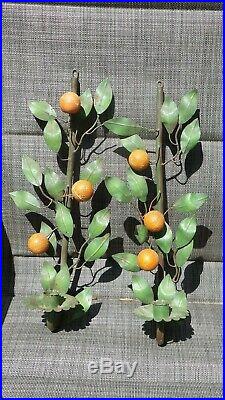 1950's Vintage Italian Tole Ware Orange Tree Candle Wall Sconces