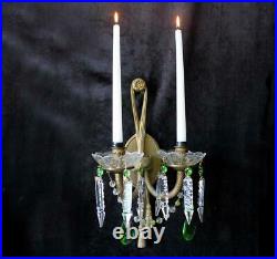 19 1/2 x 14 Vintage, Brass, 2 Light Candle Stick Wall Sconce, Crystal Accents