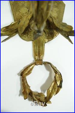 19th C French Bronze Acanthus Candle Holder Wall Sconce Coat of Arms Lion Shield