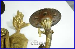 19th C French Bronze Acanthus Candle Holder Wall Sconce Coat of Arms Lion Shield