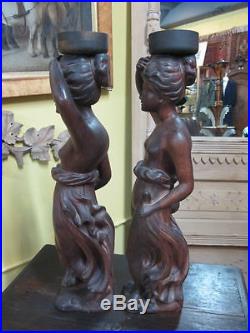 19th Century CARVED Wood Female GODDESS Wall Hanging Statues Candle Holder Set
