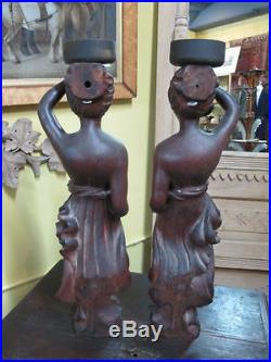 19th Century CARVED Wood Female GODDESS Wall Hanging Statues Candle Holder Set