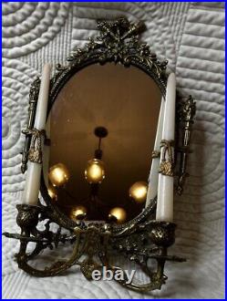 19th Century Louis XVI Style Brass Mirror Double Candle Wall Sconce Antique