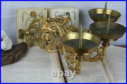 19th c French GOTHIC DRAGONS Chimaera XL Church candle holders sconce 3 arms