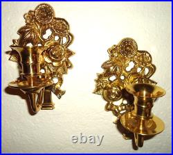 20th Century Brass Floral Wall Hanging Candle Sconces Pair