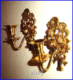 20th Century Brass Floral Wall Hanging Candle Sconces Pair