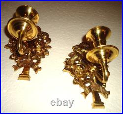 20th Century Brass Floral Wall Hanging Candle Sconces Pair