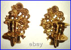 20th Century Brass Floral Wall Hanging Candle Sconces Pair