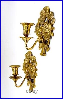 20th Century Brass Floral Wall Hanging Candle Sconces a Pair