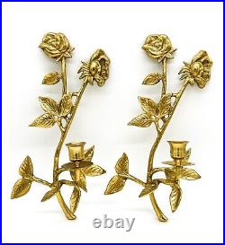 20th Century Brass Rose Wall Hanging Candle Sconces a Pair