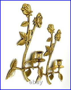 20th Century Brass Rose Wall Hanging Candle Sconces a Pair