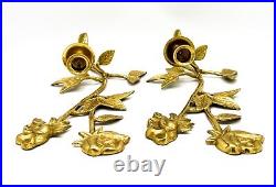 20th Century Brass Rose Wall Hanging Candle Sconces a Pair