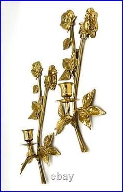 20th Century Brass Rose Wall Hanging Candle Sconces a Pair