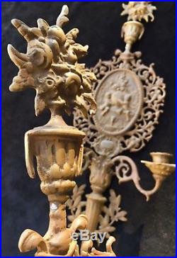 25 FRENCH CHERUB CANDLE HOLDER PAIR Vtg Brass Gold Metal Sconce Wall Decor