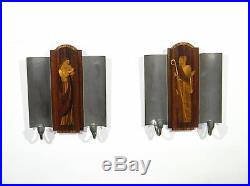 2 Antique Art Deco Wall mount Candlesticks Fixture Sconce Light with Inlay 1930s