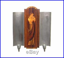 2 Antique Art Deco Wall mount Candlesticks Fixture Sconce Light with Inlay 1930s