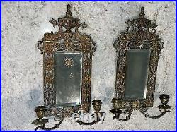 2 Antique Brass Beveled Mirror Wall Sconce Candle Holder Koi Fish Dolphin
