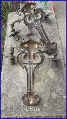 2 Antique Cast Iron Bronze Double Candle Holders Art Nouveau Wall Sconce