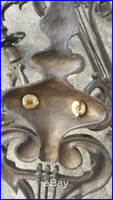 2 Antique Cast Iron Bronze Double Candle Holders Art Nouveau Wall Sconce