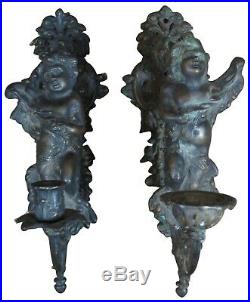 2 Antique Victorian Bronze Figural Wall Sconce Candle Holders Candelabras Cherub