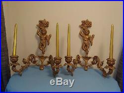 2 Antique Victorian Cast Iron Gold Gilt Cherub Double Wall Sconce Candle Holders