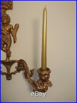 2 Antique Victorian Cast Iron Gold Gilt Cherub Double Wall Sconce Candle Holders