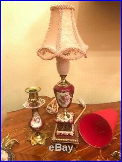 2 Antique Wall Hanging Lamps 1 Vintage Red Table Lamp 1 Vintage Candle Holder