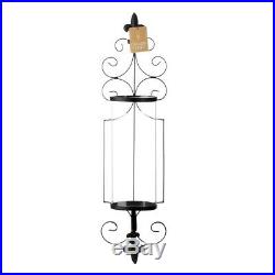 2 Black Wall Sconce with Fleur-De-Lis Design & Clear Glass Hurricane Candle Holder