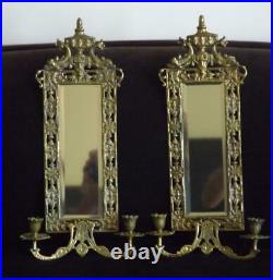 2 Brass Mirror Candle Holders Wall Sconce Beveled Glass Dauphin 21 Tall EXC