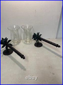 2 Brass Palm Tree With Glass Shades Wall Scones Candle Holders
