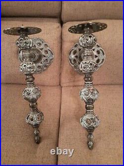 2 EXTRA LARGE Brass Metal Candlesticks wall Sconces Bluish Tint HEAVY