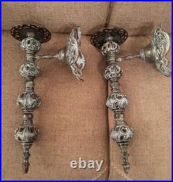 2 EXTRA LARGE Brass Metal Candlesticks wall Sconces Bluish Tint HEAVY