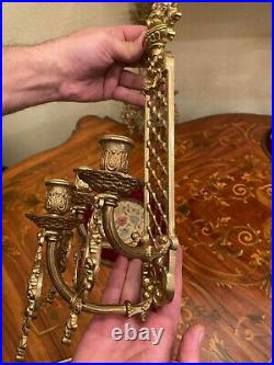 2 French Antique Ornate Brass Candle Sconces Wall Candle holders