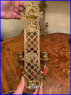 2 French Antique Ornate Brass Candle Sconces Wall Candle holders
