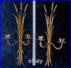 2 HOLLYWOOD REGENCY Wheat CANDLE Wall SCONCES Tole GILT Made/ ITALY Elegant 25