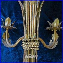 2 HOLLYWOOD REGENCY Wheat CANDLE Wall SCONCES Tole GILT Made/ ITALY Elegant 25