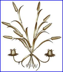 2 Italian Mid Century Hollywood Regency Gold Wheat Sheaf Candle Wall Sconces 20
