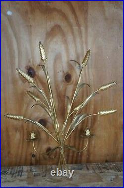 2 Italian Mid Century Hollywood Regency Gold Wheat Sheaf Candle Wall Sconces 20