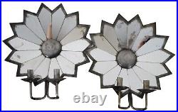 2 Japanese Antiqued Mirrored Tin Sunburst Flower Two Candle Wall Sconce Pair