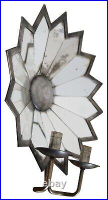 2 Japanese Antiqued Mirrored Tin Sunburst Flower Two Candle Wall Sconce Pair