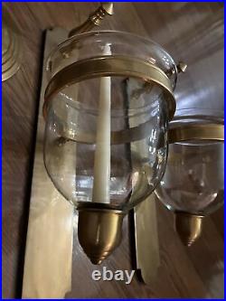 2 Large Brass Candle Stick Wall Sconces Glass Shades Globes With LIDS UNUSUAL
