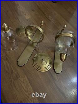 2 Large Brass Candle Stick Wall Sconces Glass Shades Globes With LIDS UNUSUAL