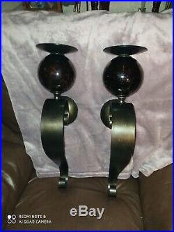 2 Large Metal and Purple Glass Wall Sconces Candle Holders Decor Modern Art