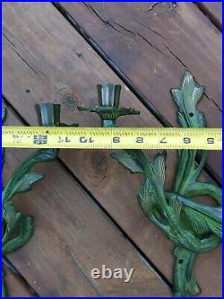 2 Louis XV Style Metal Green Patina Wall Sconces Floral French VTG Candle Holder