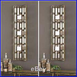 2 MID Century Modern Gold Metal Accented Mirrors Wall Sconce Candle Holders