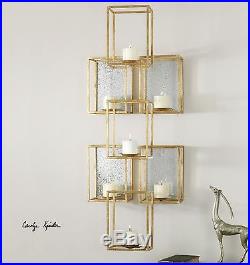 2 Modern Art Deco Bright Gold Metal Antiqued Mirrors Wall Sconce Candle Holder