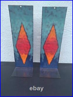 2 Rare HTF Vintage Modern Signed Marie Eyres Enamel Wall Candle Holders Sconces