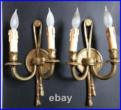 2 Rope Tassel Gold Brass Double Candleholder Wall Sconce Hollywood Dripping Wax